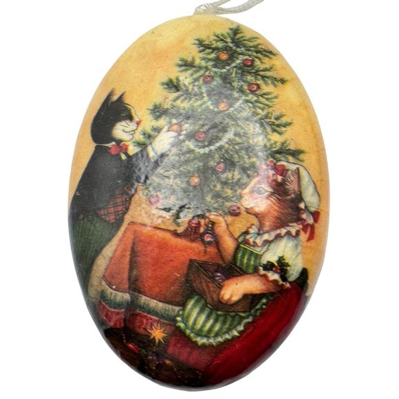 Paper Mache Christmas Ornaments Heart & Oval 1989 Cats Tree Old Fashioned Vtg - Picture 7 of 7
